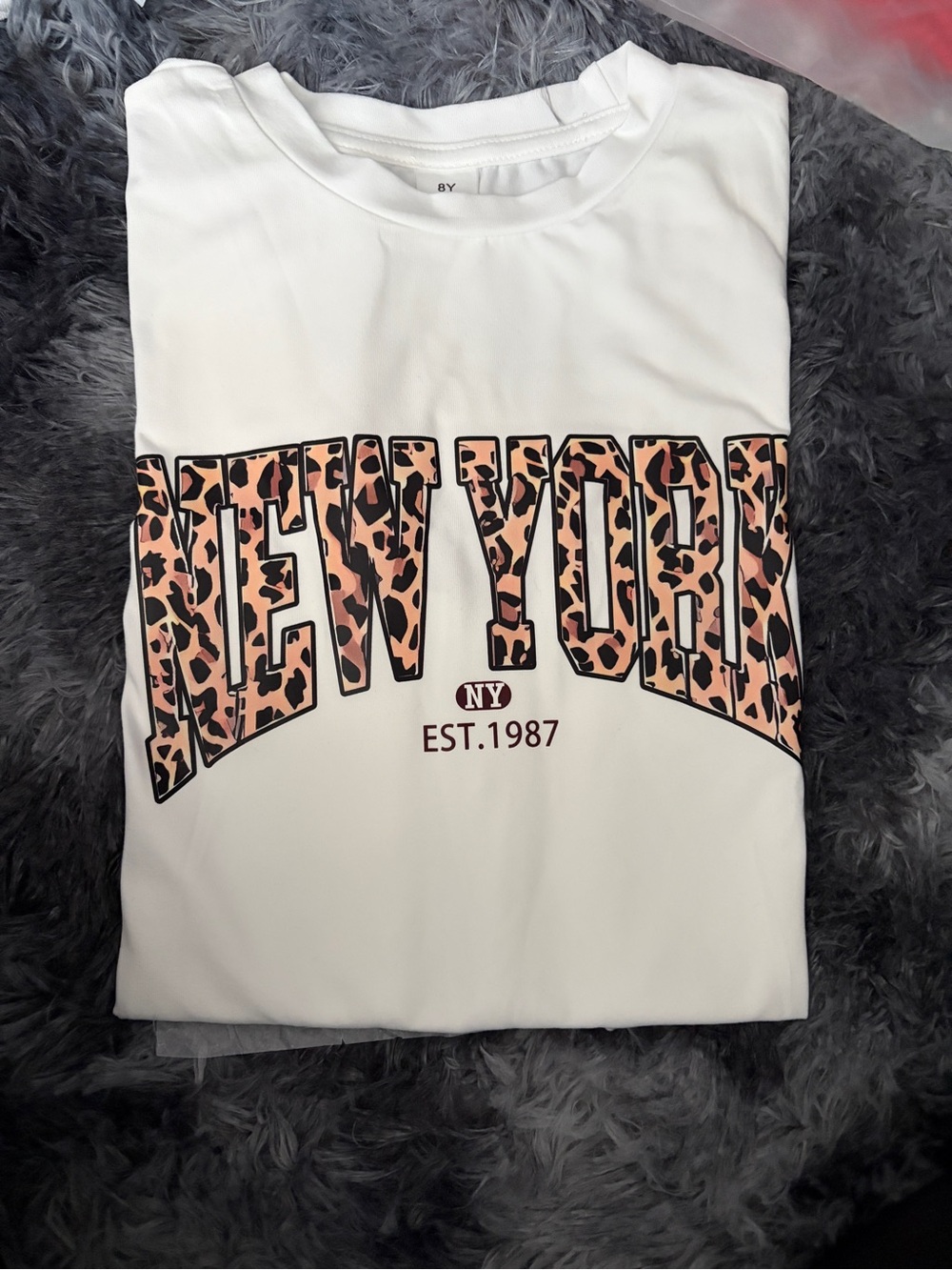 White Graphic Tee with Pink Leopard "NEW YORK" Print